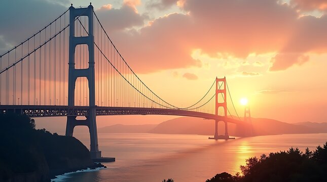 Golden gate bridge during a vibrant sunset with orange sky and clouds