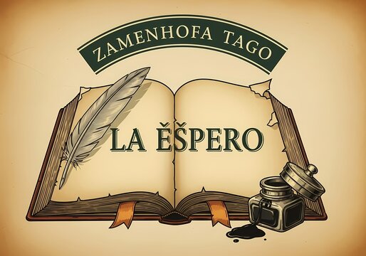Zamenhof day celebration with open book and quill illustrating la espero theme