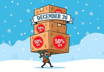 December 26 shopping rush with 50 percent off discounts in winter wonderland setting