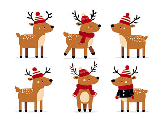 Festive Holiday Cartoon Reindeer Collection Wearing Winter Hats and Scarves for Christmas and New Year Celebrations