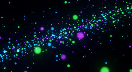 A vibrant array of colorful glowing particles scattered across a dark background creating a dynamic effect