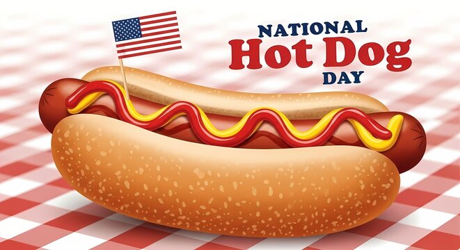 Delicious national hot dog day celebration with american flag on checkered tablecloth for festive poster or card design - Powered by Adobe