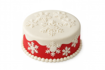Christmas cake with white fondant snowflakes and red icing base, celebrating winter holiday traditions
