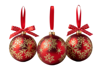 Three luxurious red matte baubles, gold snowflake patterns, red satin ribbons, polka dot bow, gold stars, clean transparent background, festive product display concept