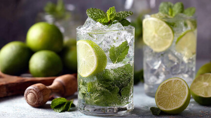 Refreshing mojito cocktails with lime and mint garnish on a table with limes and muddler prop