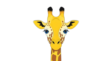 A cartoon giraffe head with blue eyes, brown spots, and a yellow face, isolated on a white background.