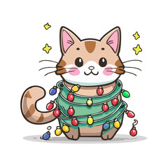 Cute Christmas Cat with Lights Vector &mdash; Adorable Holiday Kittens Tangled in Festive String Lights