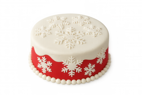 Christmas cake with white fondant snowflakes and red icing base, celebrating winter holiday traditions - Powered by Adobe
