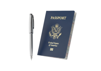 A pristine blue US passport with golden Great Seal and 'PASSPORT' text, slightly ajar at 45 degrees, alongside a sleek silver fountain pen on a transparent background. Concept of official travel and