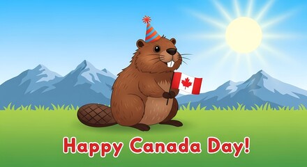 Happy Canada day celebration with beaver holding canadian flag and party hat in mountain landscape