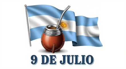 Argentina independence day celebration with yerba mate and national flag illustration