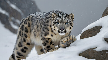  Snow Leopard climbing steep rocks during a snowstorm
 Ai