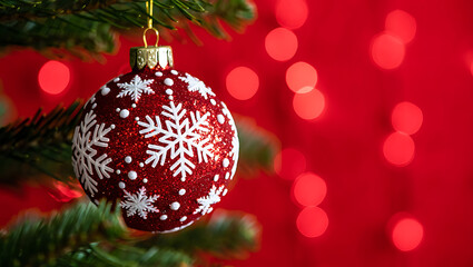 Festive Red Christmas Ornament with White Snowflakes Hanging on Tree Branch against Bokeh Background Celebration and Decoration
