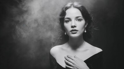 Elegant Black And White Portrait Of A Young Woman In An Off-Shoulder Dress