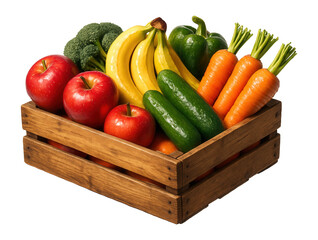 Wooden crate filled with assorted fruits and vegetables.
