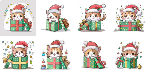 Fototapeta premium Cute Christmas Cat in Gift Box Vector Set — Adorable Holiday Kittens with Santa Hats and Festive Presents