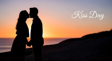 Fototapeta premium Romantic sunset silhouette of couple celebrating kiss day on scenic beach for valentine's card design
