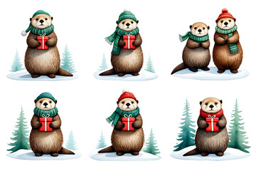 Festive Otters with Christmas Gifts Adorable Winter Scene for Holiday Cheer and Season Greetings