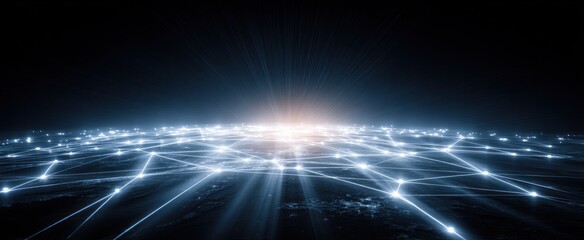 A network of glowing points and lines spans a dark surface, creating a sense of global connectivity.
