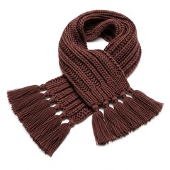 Close Up Of Knitted Maroon Scarf With Tassels Isolated On White Background Studio Shot
