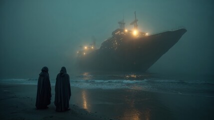 Two Hooded Figures On a Foggy Beach Watch a Massive Lit Ship Emerging From the Night