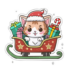 Naklejka premium Cute Christmas Cat in Sleigh Vector — Adorable Holiday Kittens with Santa Hats, Presents, and Festive Sleighs