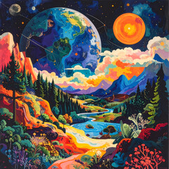 Obraz premium Colorful Cosmic Landscape Painting.