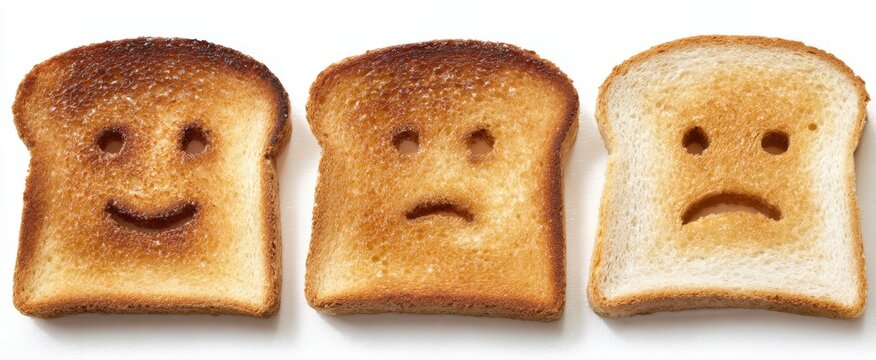 The Toast Trio Showing Happy Neutral and Sad Faces on a White Background - Powered by Adobe