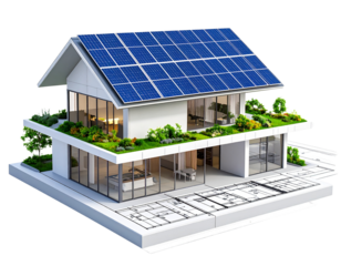 D rendering of a Sustainable building architecture model with blueprints, isolated P 