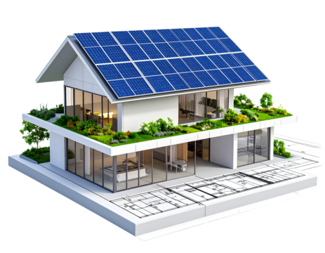 D rendering of a Sustainable building architecture model with blueprints, isolated P