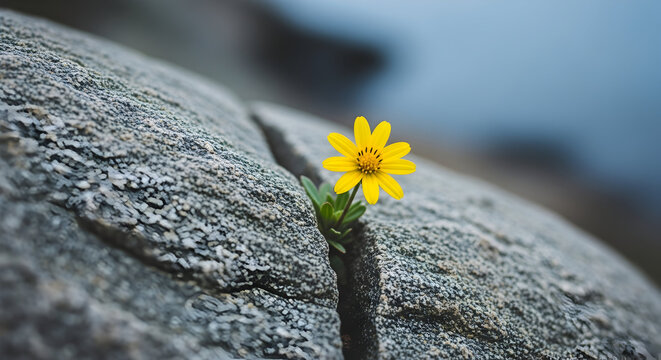 A resilient yellow flower blooming through a crack in a rock perseverance nature strength hope growth bloom blossom spring summer wildflower botany flora plant life