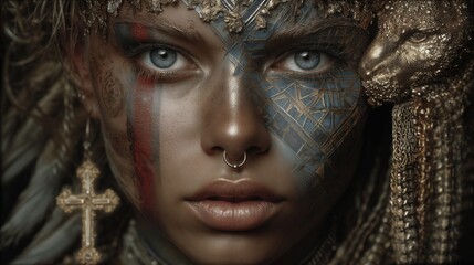 Close-Up Portrait Of A Woman With Metallic Face Paint, Blue Eyes, And Golden Adornments