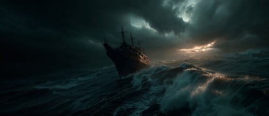 Stormy Ocean Vessel Battles Rough Seas Under Dramatic Sky at Dusk Silhouetted Ship