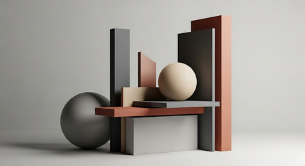 Geometric composition featuring spheres and rectangular blocks in muted color palette on a gray background