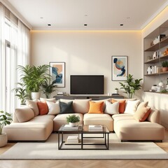 Serene Living Room: A modern, luminous living area with a comfortable beige sectional sofa, framed by natural light and accented with vibrant plant life and tasteful decor.