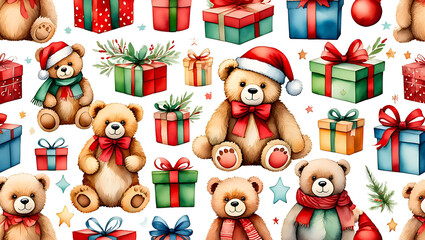 Fototapeta premium Festive Seamless Pattern of Christmas Teddy Bears and Gift Boxes Holiday Joy and Celebration for Backgrounds and Designs