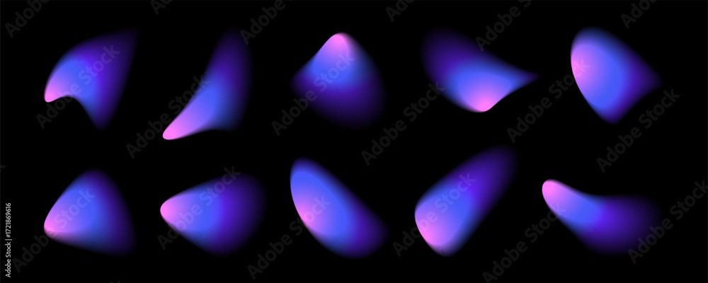 Poster Multiple blurred, liquid-like shapes with gradients of blue and pink are scattered on a solid black background, creating an abstract and modern visual effect.
