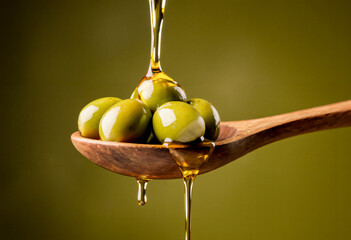 Olive oil pouring over green olives on wooden spoon