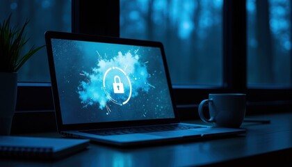 Moody Blue Hour Workspace with Laptop and Notepad