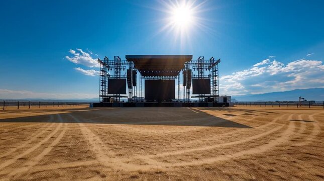 An Expansive Outdoor Music Festival Stage Stands Tall and Ready Under a Brilliant Sun, Awaiting Energetic Crowds in a Vast, Open, Dry Field
