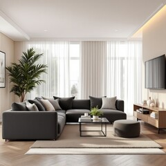 Fototapeta premium Cozy Living Room Design: Contemporary living space, featuring an L-shaped sofa, framed by elegant curtains, modern furniture creates a tranquil atmosphere for relaxation and social interaction.