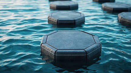 Sustainable floating city platform connection, interlocking mechanism, water ripples, secure buoyancy. 