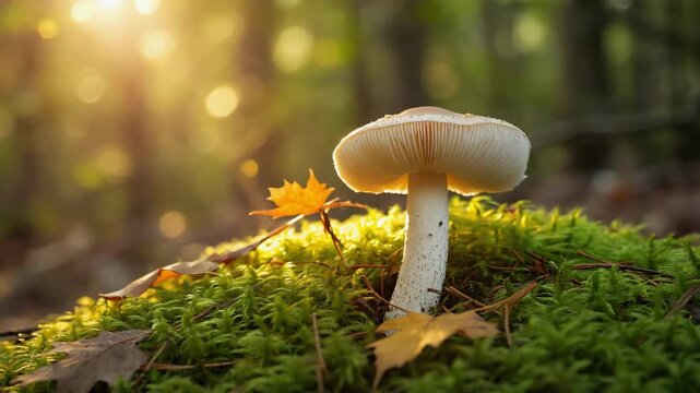 White gilled mushroom growing among moss with a fallen autumn leaf nearby, bathed in warm sunlight, symbolizing forest biodiversity, seasonal change, and the tranquil charm of nature delicate details.