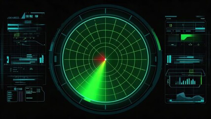 Futuristic radar interface with glowing green sweep scanning across detailed grid, surrounded by advanced HUD panels displaying tactical data, navigation charts, tracking visuals for security, defense