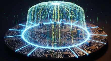 Futuristic Circuit Board With Neon Lights And Data Streams