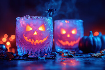 Glowing Halloween cocktail with Jack-o'-lantern decoration.
