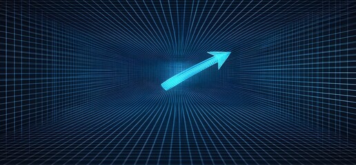 Illuminated blue arrow pointing upwards within a futuristic digital grid structure representing technological advancement and growth