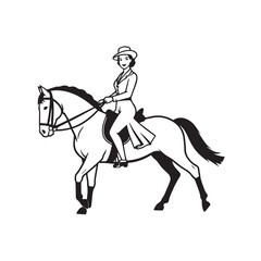 Black and white line art of a beautiful woman with perfect body riding horse elegant minimalist illustration