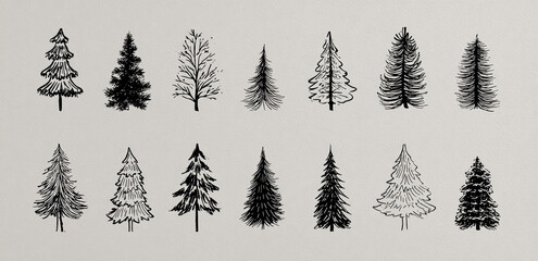Obraz premium Collection of hand drawn pine trees in silhouette style