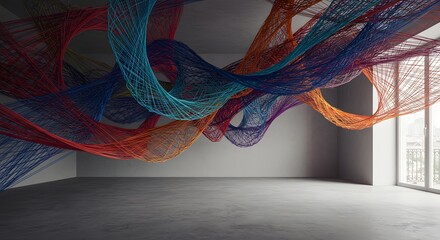 Abstract Colorful Wireframe Sculpture in Modern Empty Room